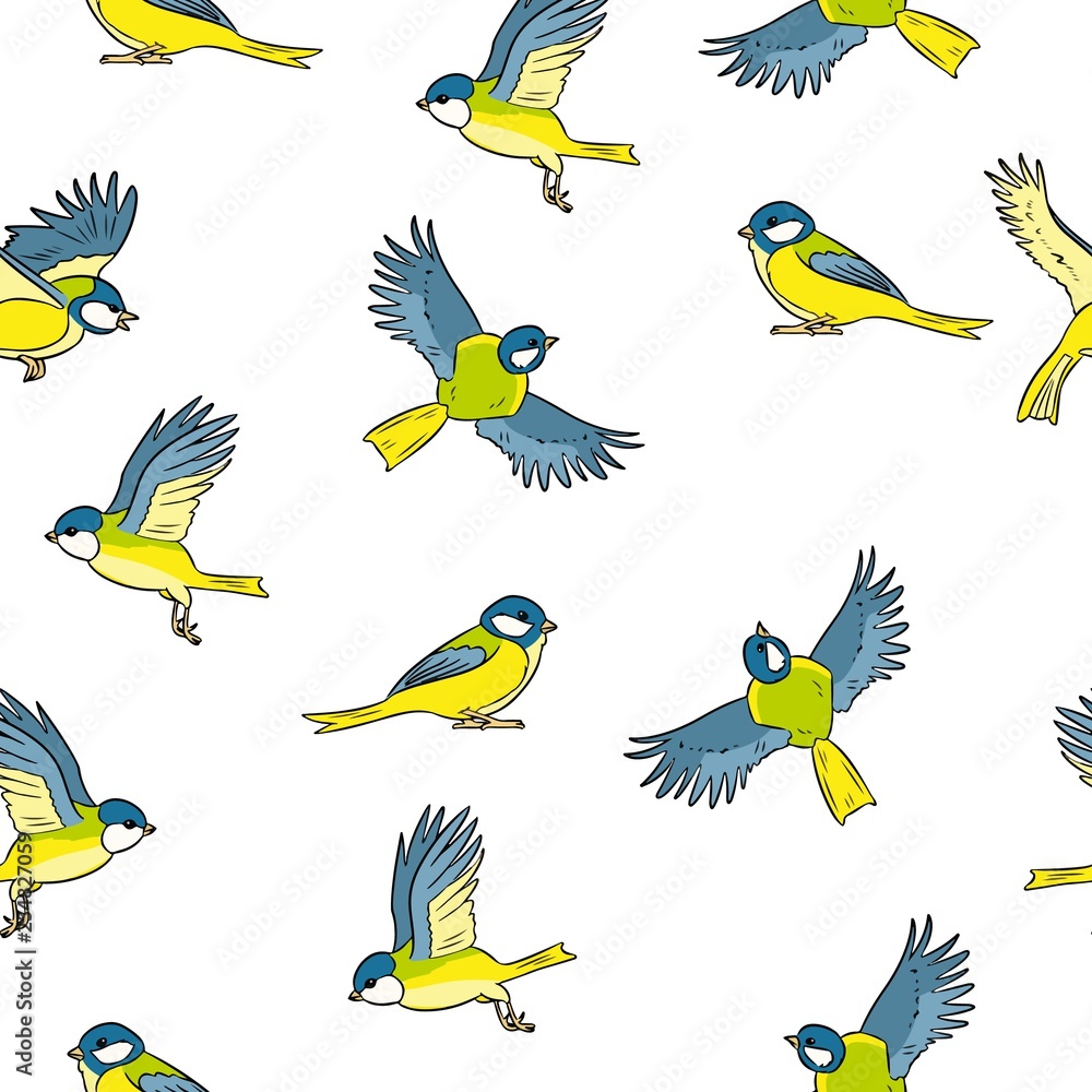 Fototapeta premium Cartoon style titmouse spring birds colorful seamless pattern