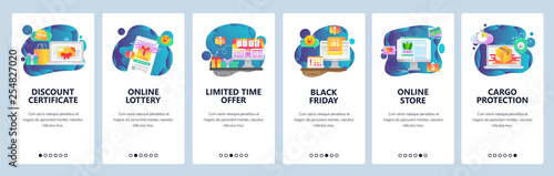 Mobile app onboarding screens. Online Shopping, black friday sales and promotion, online lottery and delivery. Menu vector banner template for website and mobile development. Web site illustration