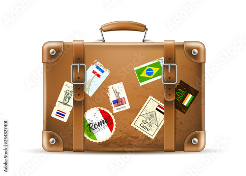 Vector vintage travel bag leather brown suitcase