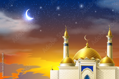 Vector realistic muslim mosque night moon star sky