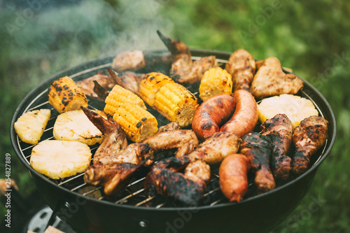 Barbecue meats and vegetables