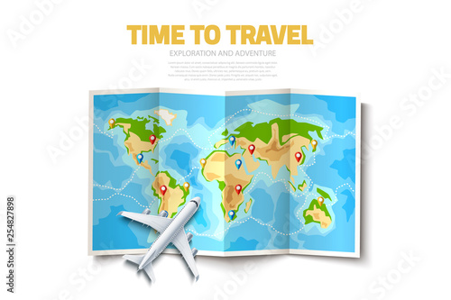 Vector folded world map destination pointer pins