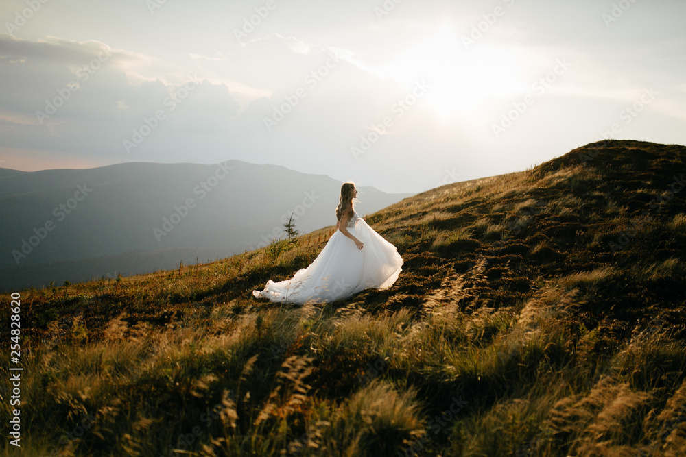 Fototapeta premium Stylish bride standing on beautiful landscape of mountains on sunset