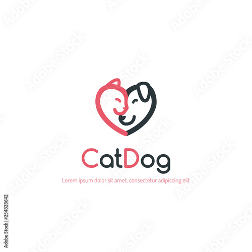 Vector logo with cat and dog in heart shape. Pet and animals care symbol