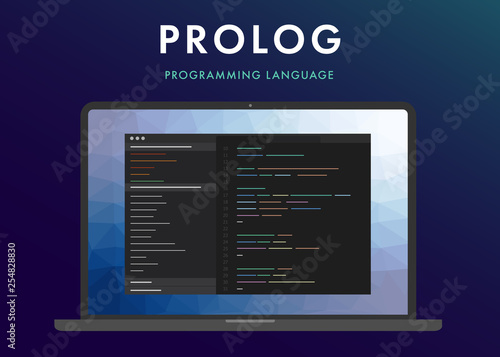 Prolog programming language vector icon. Learning concept on the laptop screen code programming. Command line Prolog interface with flat design and gradient purple background. 