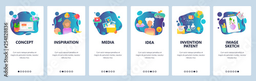 Mobile app onboarding screens. Creative idea, imagination and inspiration, art and science. Menu vector banner template for website and mobile development. Web site design flat illustration