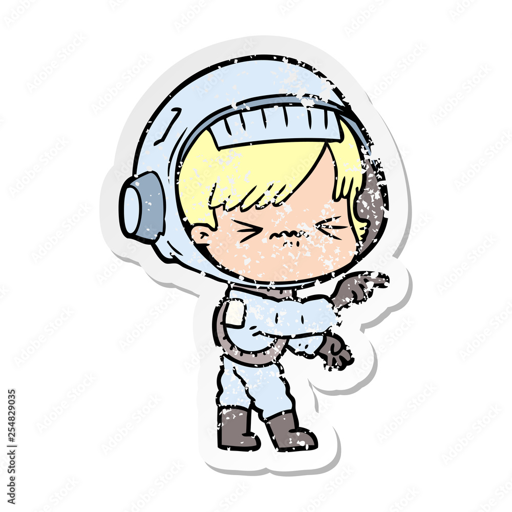 distressed sticker of a cartoon astronaut woman