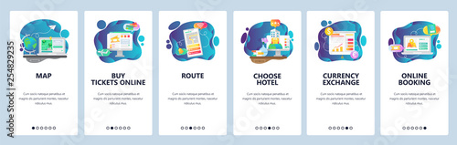 Mobile app onboarding screens. Travel services, planing vacation trip, online booking hotel and flight. Menu vector banner template for website and mobile development. Web site design illustration