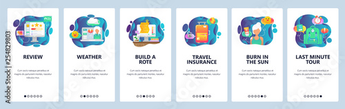 Mobile app onboarding screens. Planning vacation, travel insurance, hotel reviews. Menu vector banner template for website and mobile development. Web site design flat illustration