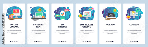 Mobile app onboarding screens. Online cinema, movie tickets, 3D glasses, TV series. Menu vector banner template for website and mobile development. Web site design flat illustration