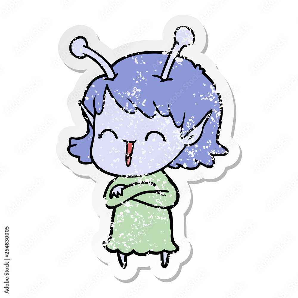 distressed sticker of a cartoon alien girl laughing distressed sticker of a cartoon alien girl laughing