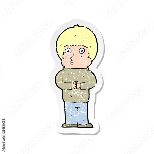 retro distressed sticker of a cartoon shy boy