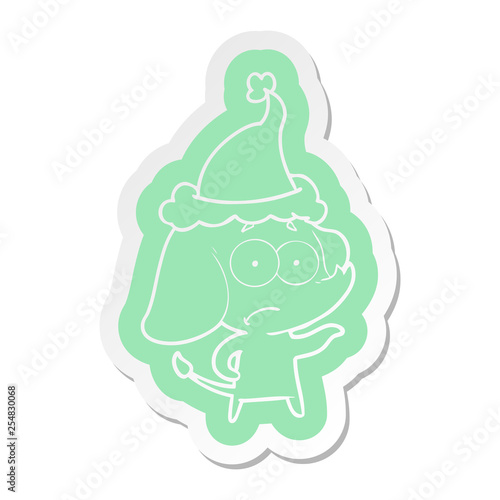 cartoon  sticker of a unsure elephant wearing santa hat