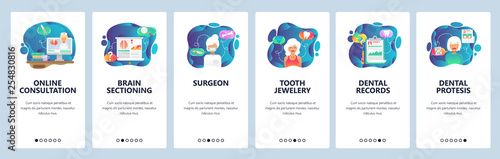 Mobile app onboarding screens. Surgeon doctor, online medical help, dental records . Menu vector banner template for website and mobile development. Web site design flat illustration