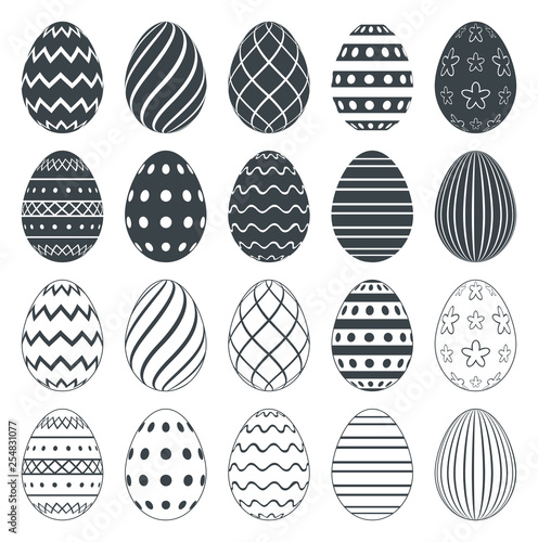 Easter eggs for coloring book. Set of black and white easter eggs isolated on a white background.