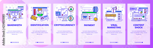 Mobile app onboarding screens. Internet speed test, cryptocurrency, online payment, digital money, viral marketing. Vector banner template for website and mobile development. Web site illustration