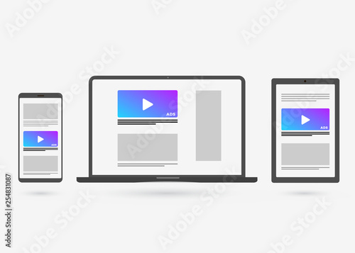 Marketing strategy in multi-digital platform - cross-device tracking advertising and multi targeting with laptop, tablet PC and mobile phone.