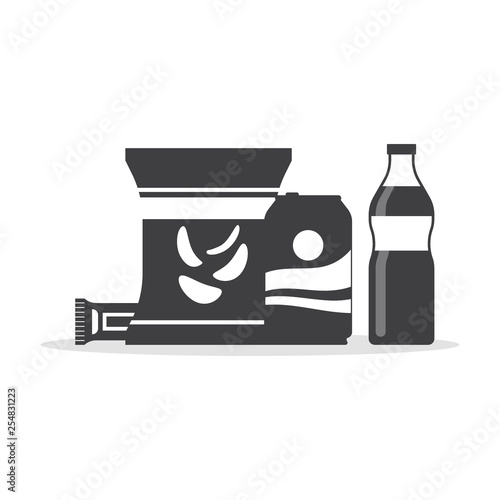 Snack product set in monochrome color, fast food snacks, drinks, chips, juice isolated on white background. Flat illustration in vector