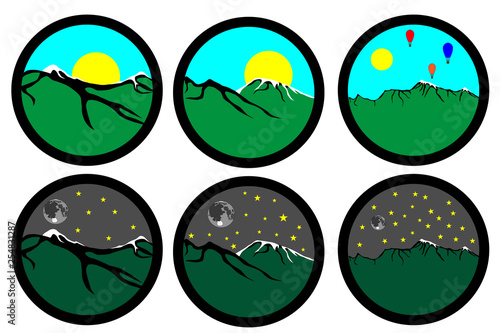 Set of three mountains day and night, aerostat