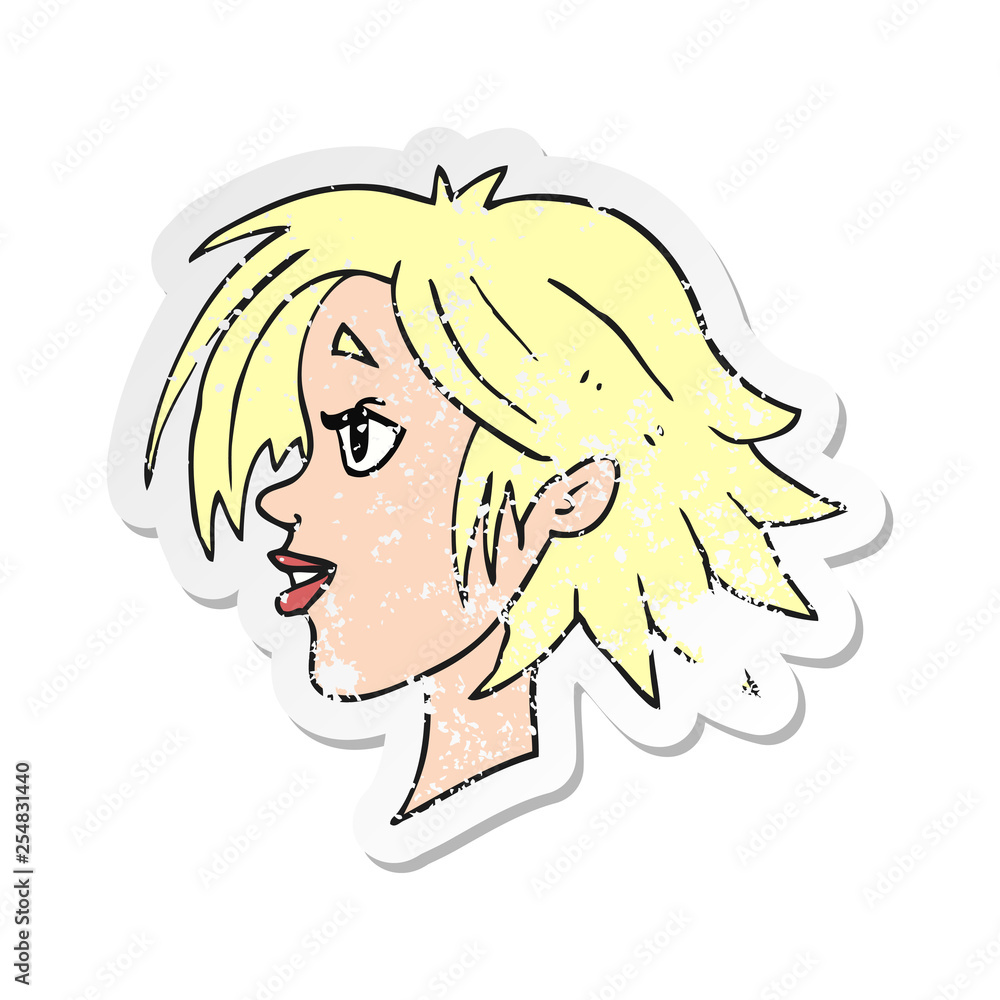 retro distressed sticker of a cartoon happy female face retro distressed sticker of a cartoon happy female face