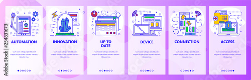 Mobile app onboarding screens. Computer services, hardware and robot automation. Menu vector banner template for website and mobile development. Web site design flat illustration