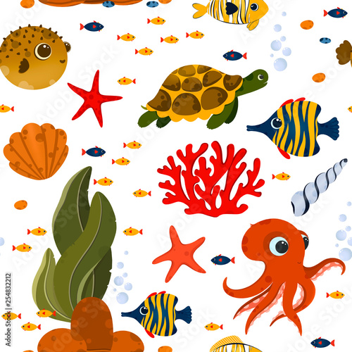 Underwater life seamless pattern. Pattern with cute fish and corals. Use for postcard, print, packaging, wallpapers etc.