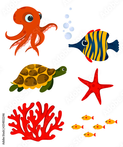 Underwater life elements. Cute ocean animals and corals. Use for postcard, print, packaging, etc.