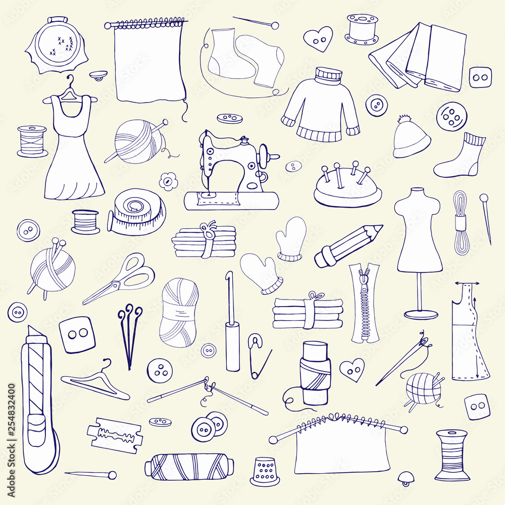 Fototapeta premium Seamless hand drawn pattern with sewing things