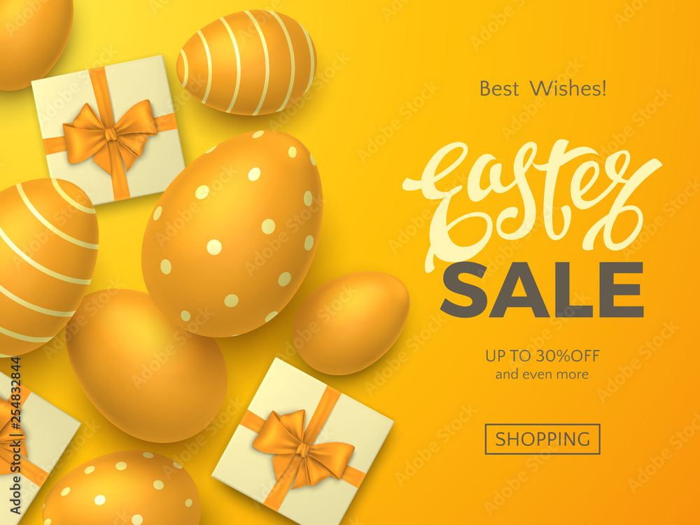 Stylish Easter sale banner with text, 3D realistic eggs and gift boxes with  bows on orange background. Festive template for promo newsletters and  flyers with discount or special offers. Stock Vector