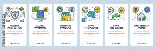 Mobile app onboarding screens. Environment, global warming and climate change, save the planet. Menu vector banner template for website and mobile development. Web site design flat illustration