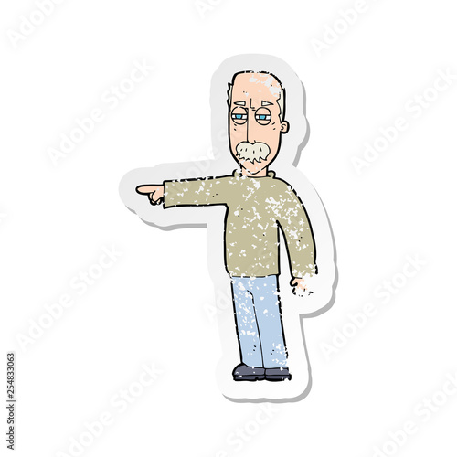 retro distressed sticker of a cartoon old man gesturing Get Out