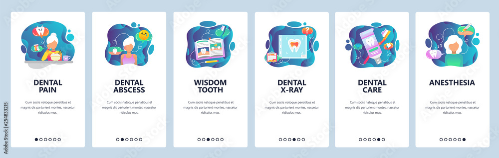 Mobile app onboarding screens. Dental clinic treatment, teeth pain, x-ray, wisdom tooth. Menu vector banner template for website and mobile development. Web site design flat illustration - obrazy, fototapety, plakaty 