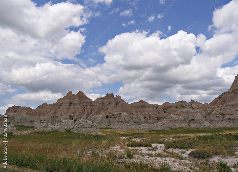 View beautiful view of the prairie and incredible rock formations at the Badlands National Park in South Dakota.