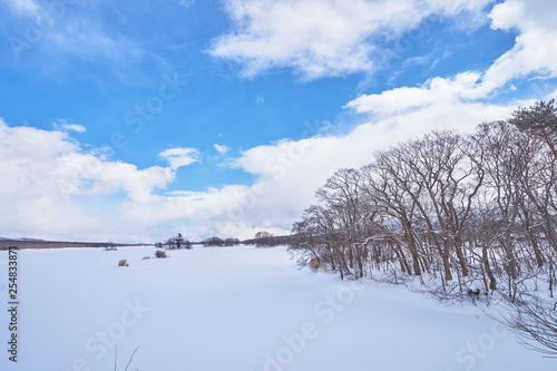 Beautiful landscape scenic of snow cover Onuma lake in Kameda district, Hokkaido, Japan. photo