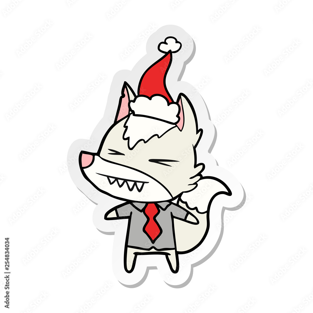 angry wolf boss sticker cartoon of a wearing santa hat angry wolf boss sticker cartoon of a wearing santa hat
