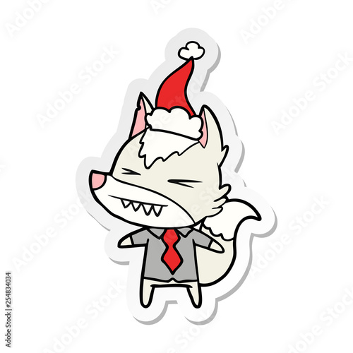 angry wolf boss sticker cartoon of a wearing santa hat