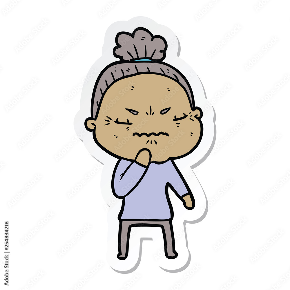 sticker of a cartoon annoyed old lady sticker of a cartoon annoyed old lady