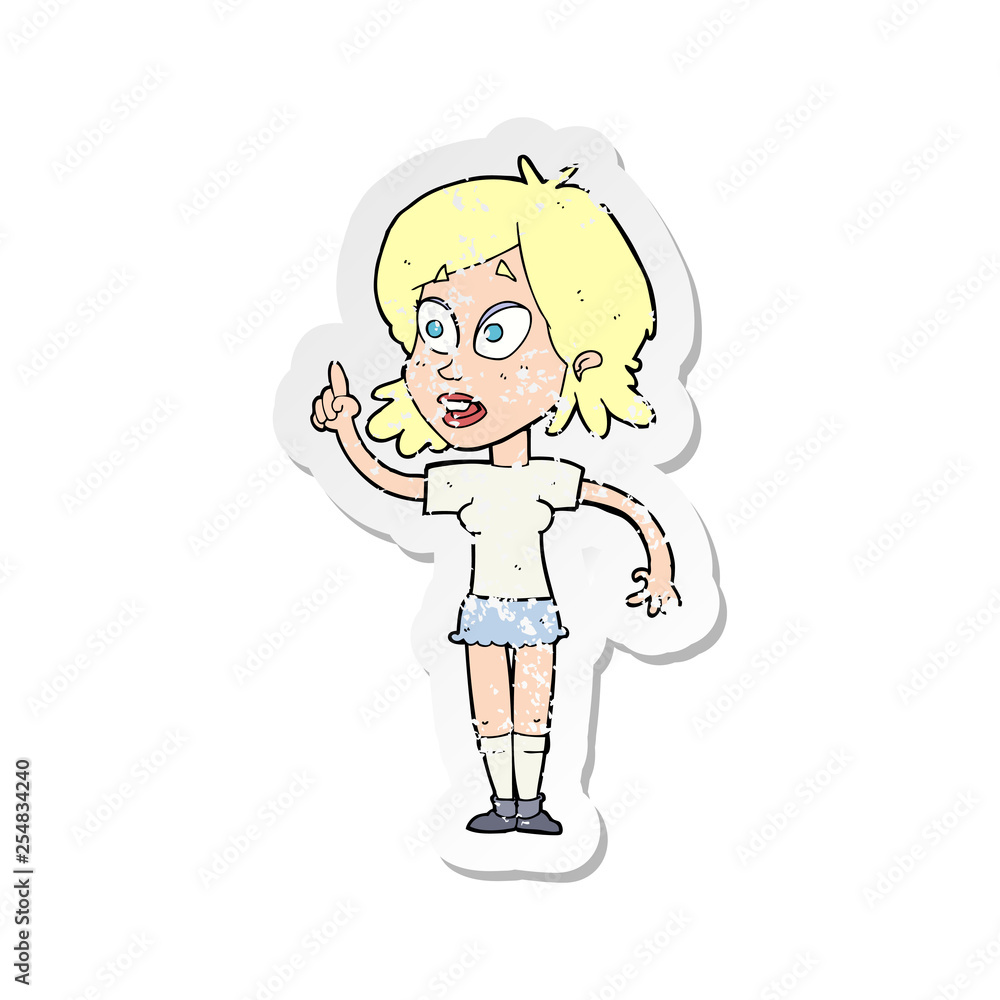 retro distressed sticker of a cartoon woman asking question retro distressed sticker of a cartoon woman asking question