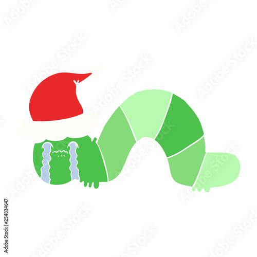 flat color illustration of a caterpillar obsessing over his regrets wearing santa hat
