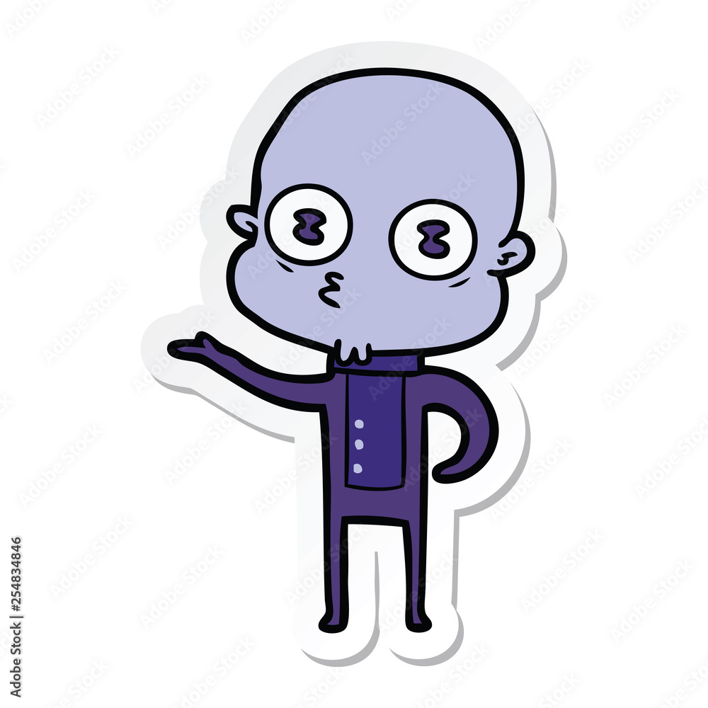 sticker of a cartoon weird bald spaceman