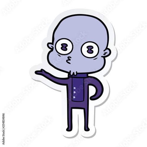 sticker of a cartoon weird bald spaceman