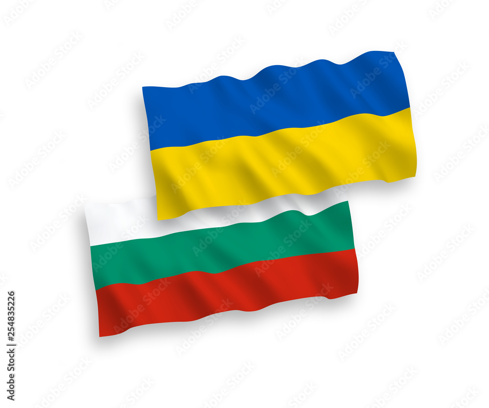 Obraz premium National vector fabric wave flags of Bulgaria and Ukraine isolated on white background. 1 to 2 proportion.