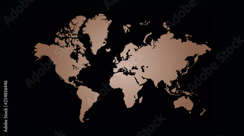 Copper world map vector illustration, copper foil texture on black background.