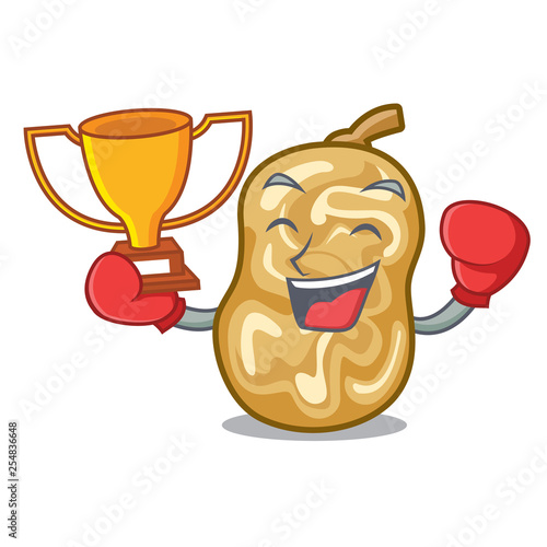 Boxing winner raisins above the wooden cartoon table