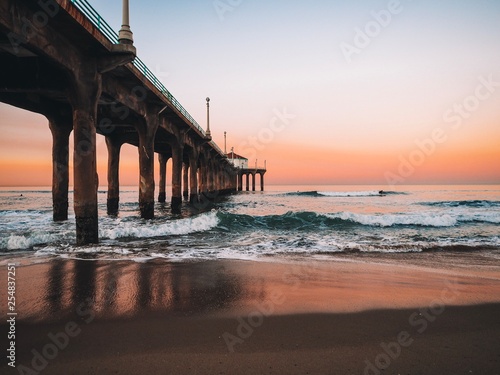 Dawn on Manhattan beach pier in Los Angeles photo