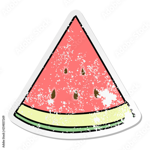 distressed sticker of a quirky hand drawn cartoon watermelon