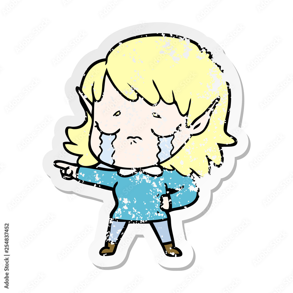 distressed sticker of a cartoon crying elf girl distressed sticker of a cartoon crying elf girl