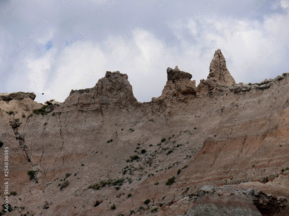 Close up of rock formation tops and pinnacles at the Badlands National Park, South Dakota