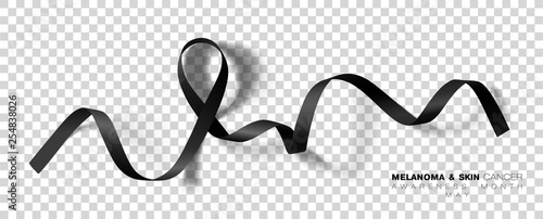 Melanoma and Skin Cancer Awareness Month. Black Color Ribbon Isolated On Transparent Background. Vector Design Template For Poster.