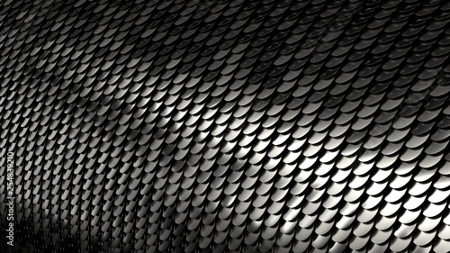 3d render metal background. Complex bended surface covered with a lot of reflective circles shapes.....